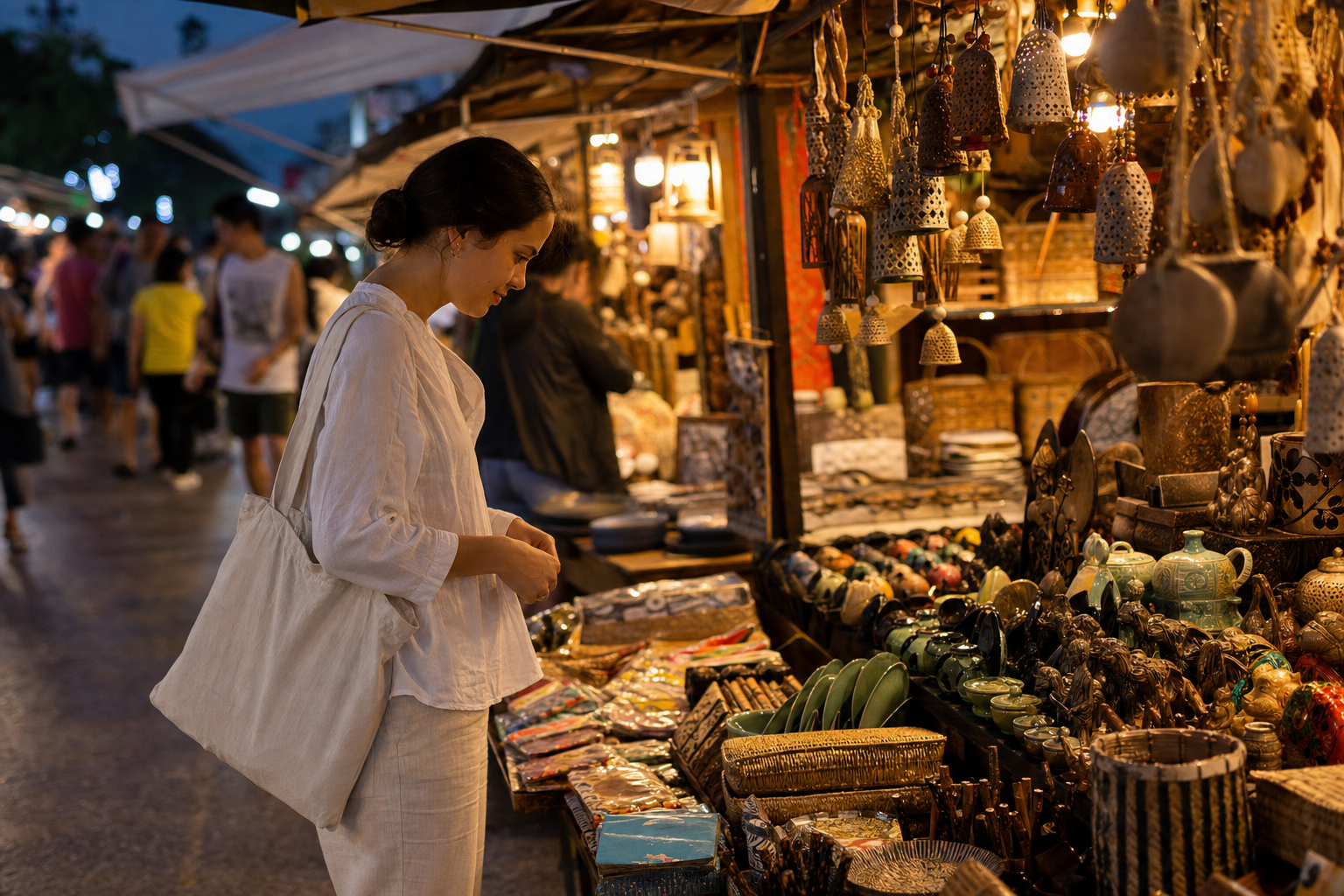 Traveler browsing handcrafted goods at a Thai night market